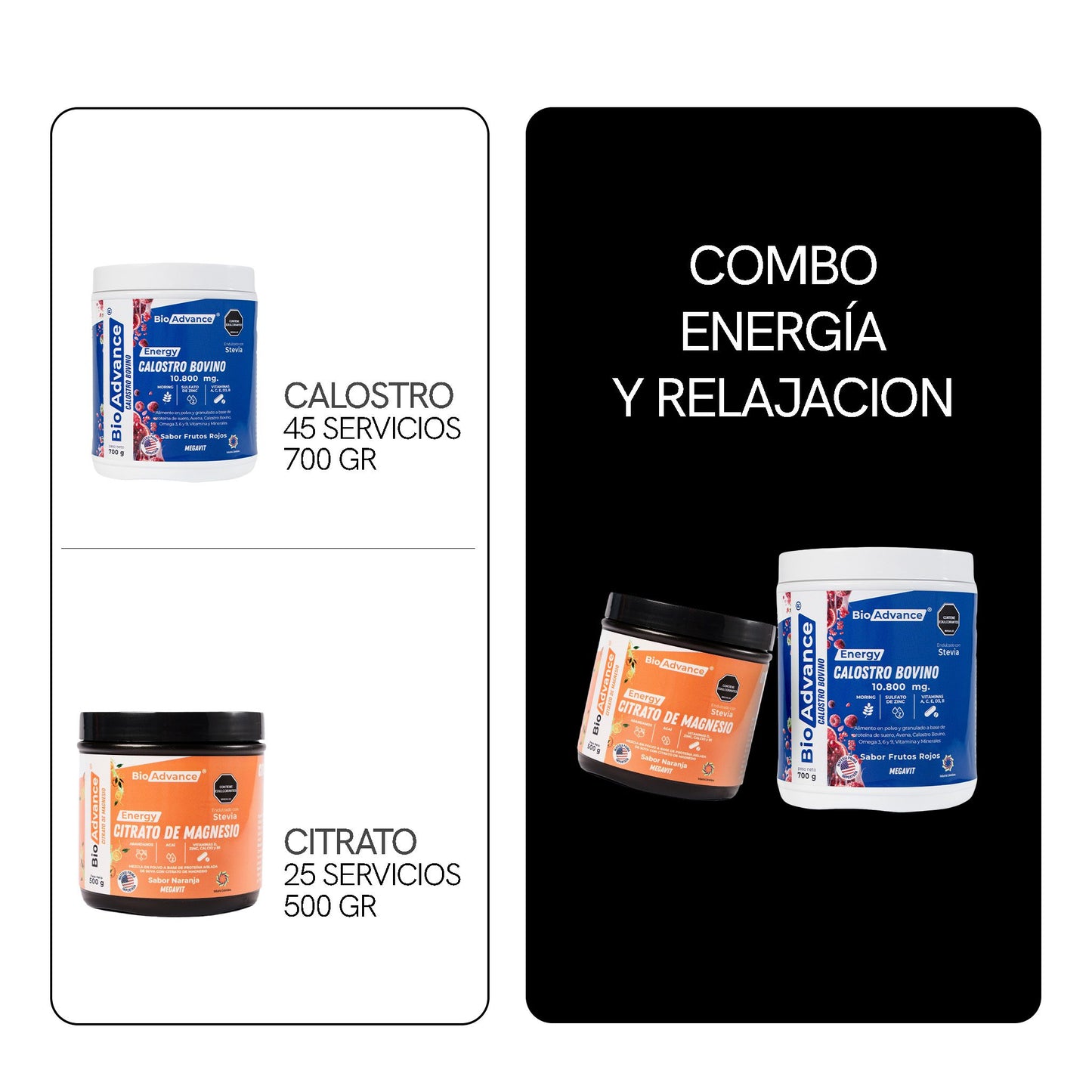 Qué contiene el Combo Energía y Relajación de BioAdvance: Calostro Bovino de 45 servicios y 700 g, y Citrato de Magnesio de 25 servicios y 500 g.