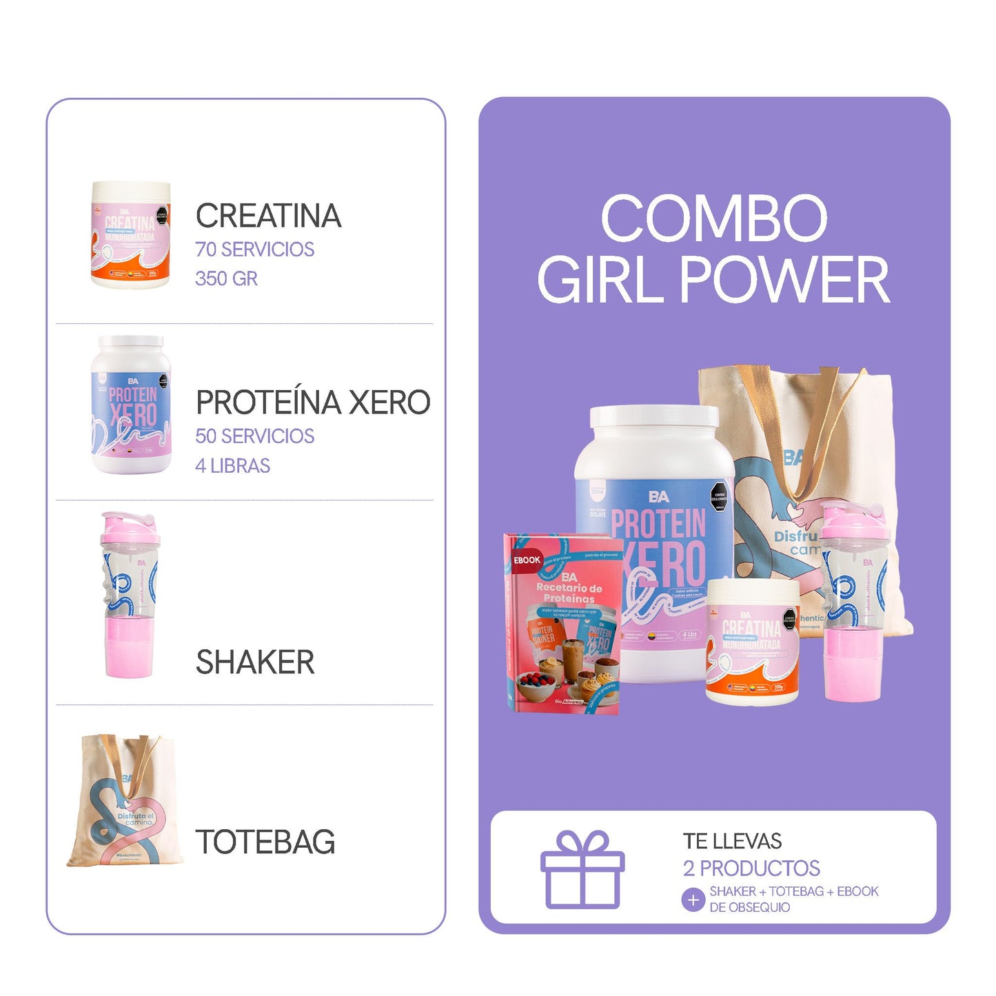 Qué contiene el Combo Girl Power de BioAdvance: Creatina de 70 servicios y 350 g, y Proteína Xero de 50 servicios y 4 libras, con Bio-Shaker, tote bag y ebook de obsequio.