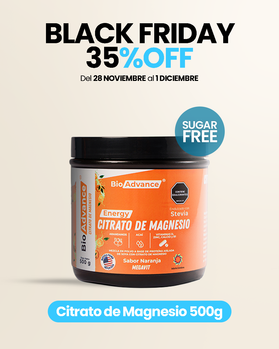 Citrato de Magnesio en Polvo de 500g BioAdvance