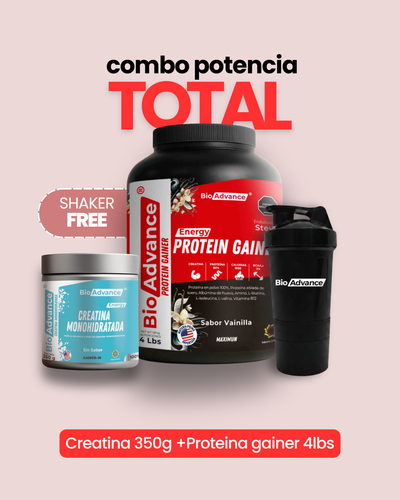 COMBO POTENCIA TOTAL: Proteina gainer 4lb + Creatina Monohidratada + Shaker de regalo