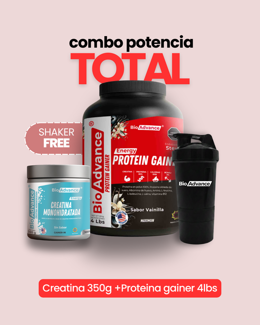 COMBO POTENCIA TOTAL: Proteina gainer 4lb + Creatina Monohidratada + Shaker de regalo