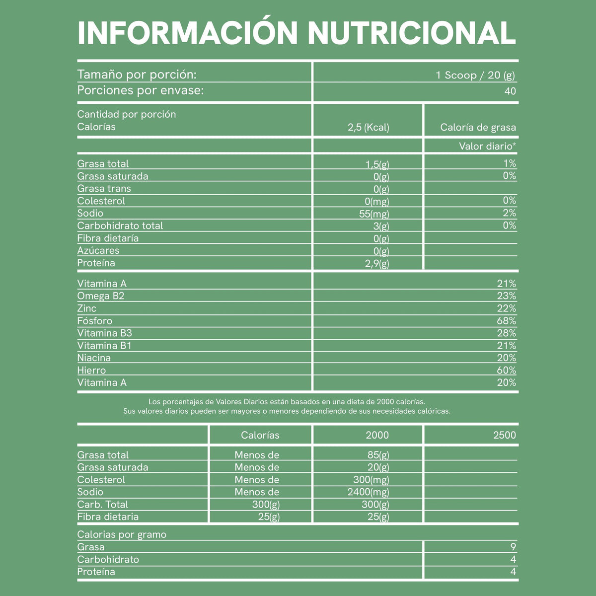 Tabla de información nutricional del Batido Verde de BioAdvance: 40 porciones por envase y 600 g de contenido neto.