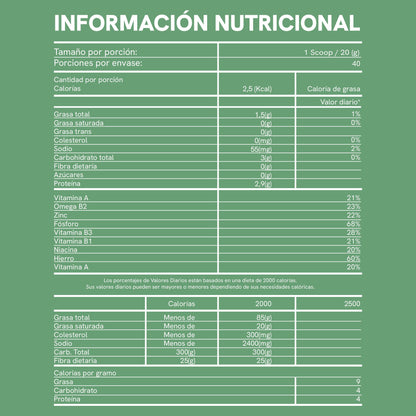 Tabla de información nutricional del Batido Verde de BioAdvance: 40 porciones por envase y 600 g de contenido neto.
