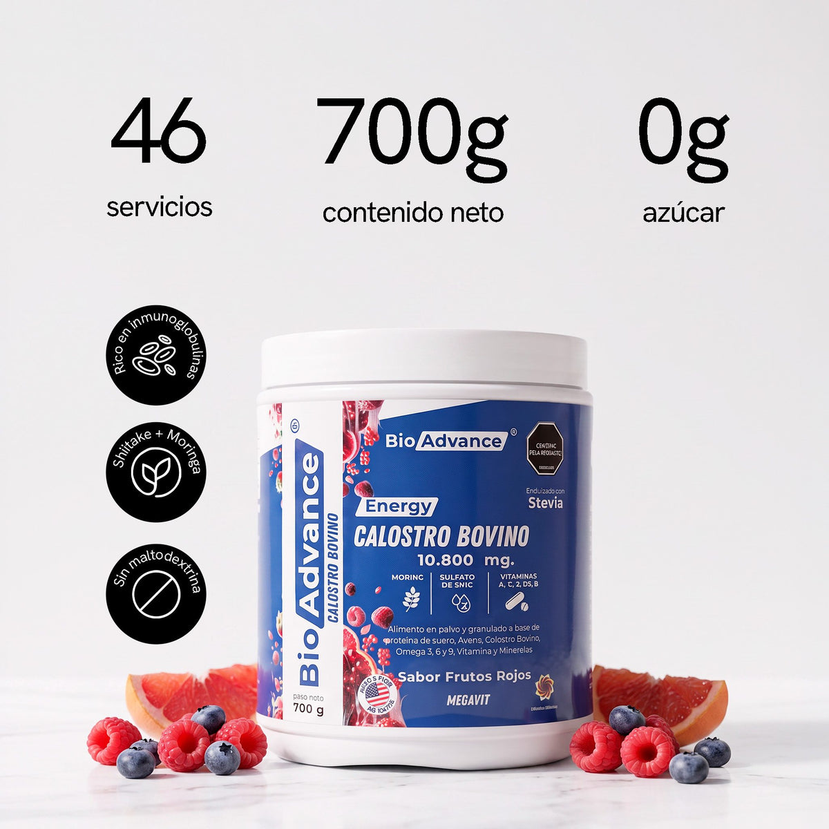 Calostro Bovino de BioAdvance: 46 servicios, 700 g de contenido neto y 0 g de azúcar añadida.