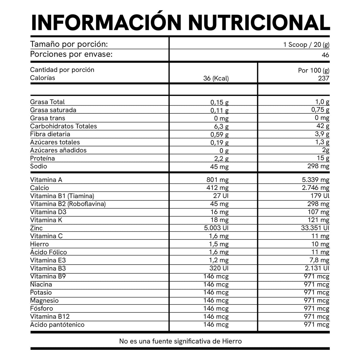 Tabla de información nutricional del Calostro Bovino de BioAdvance: 1 scoop de 15 g y 46 porciones por envase.