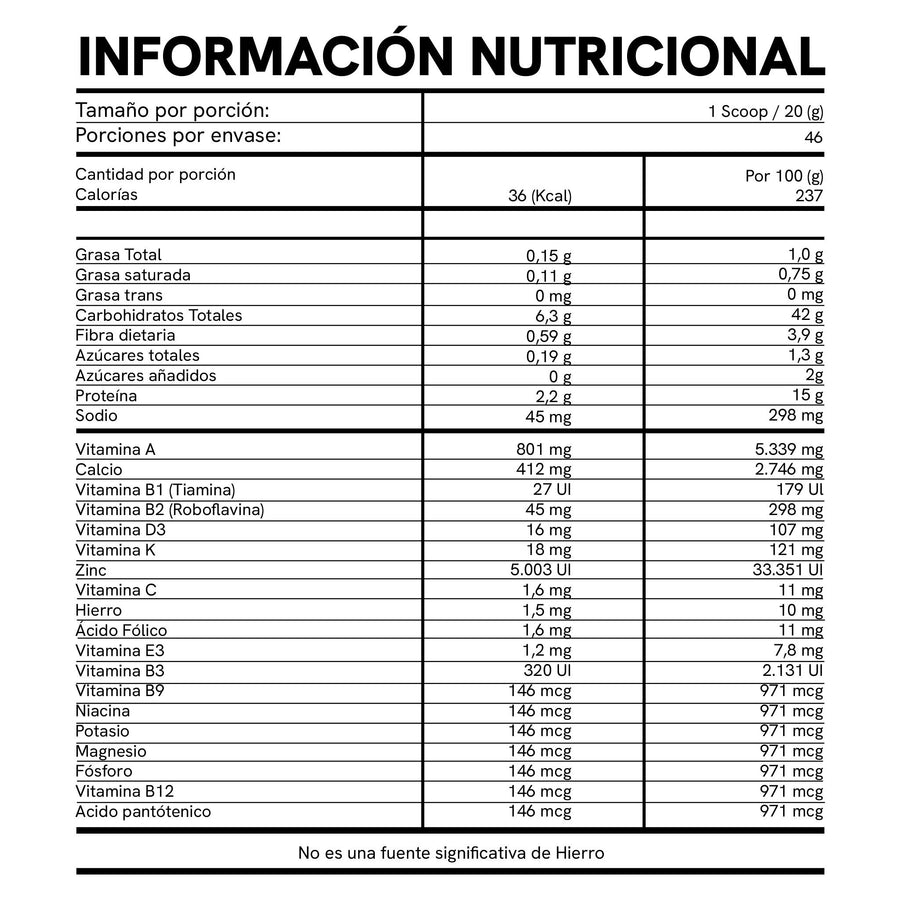 Tabla nutricional Calostro Bovino 700g / BioAdvance