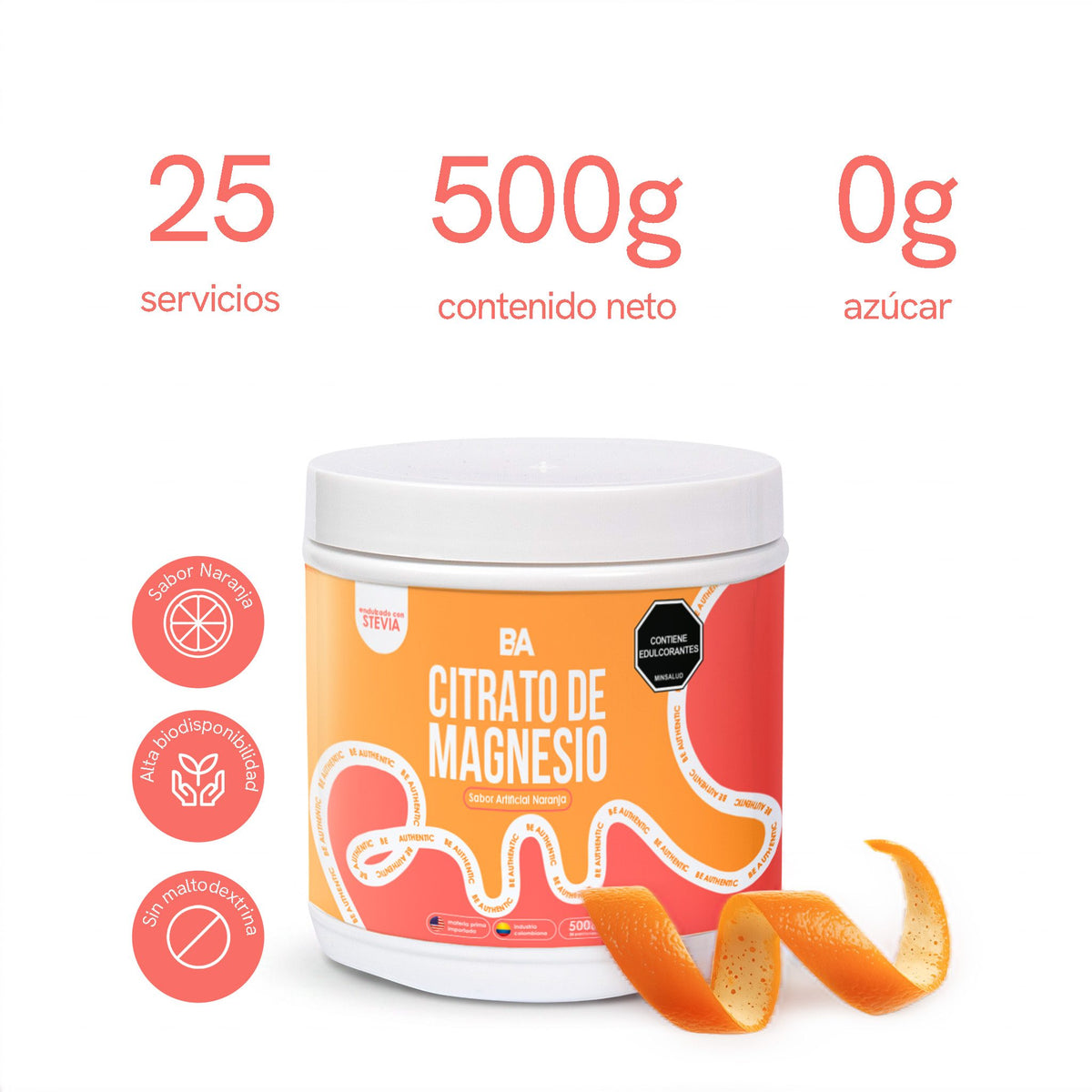 Citrato de Magnesio de BioAdvance: 25 servicios, 500 g de contenido neto y 0 g de azúcar, sabor naranja, de alta biodisponibilidad y sin maltodextrina.