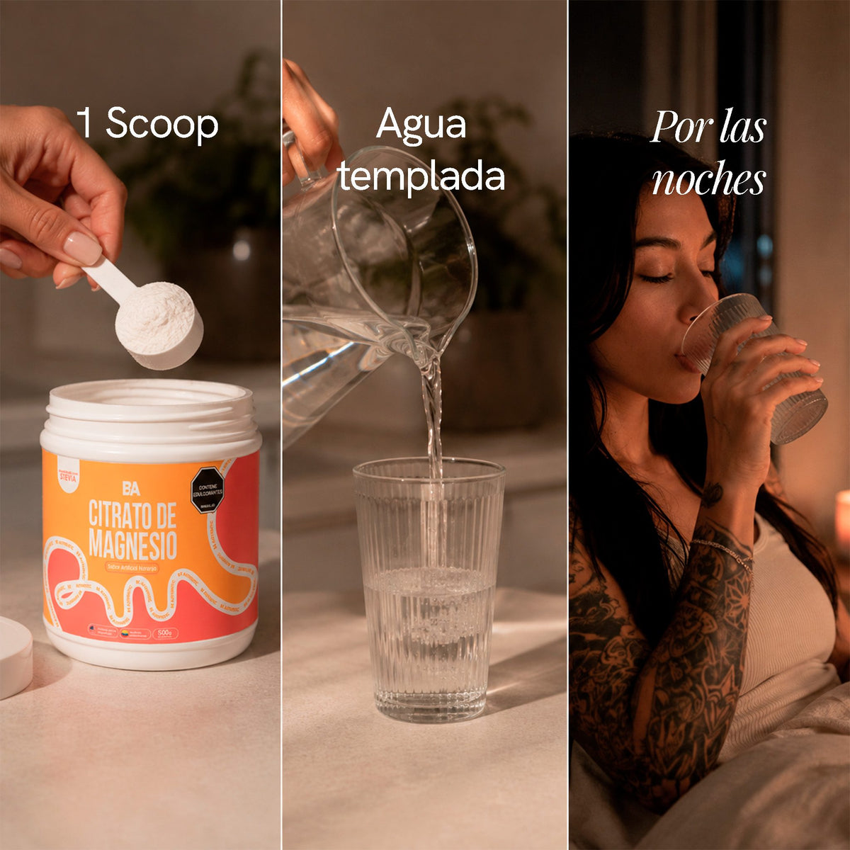 Modo de uso del Citrato de Magnesio: 1 scoop en agua, preferiblemente en la noche.