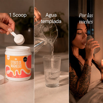 Modo de uso del Citrato de Magnesio: 1 scoop en agua, preferiblemente en la noche.