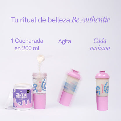 Modo de uso del Colágeno Hidrolizado: 1 cucharada en 200 ml, agita en tu Bio-Shaker y tómalo cada mañana. Tu ritual de belleza Be Authentic.