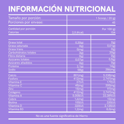 Tabla de información nutricional del Colágeno Hidrolizado de BioAdvance: 45 porciones por envase.