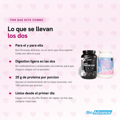 Beneficios del Combo Amor y Amistad: una formula para el y otra para ella, digestion ligera sin maltodextrina, 25 g de proteina por porcion y los dos Bio-Shaker incluidos.