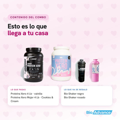 Contenido del Combo Amor y Amistad: se pagan la Proteina Xero 4 libras y la Proteina Xero Mujer 4 libras; el Bio-Shaker negro y el Bio-Shaker rosado van de regalo.