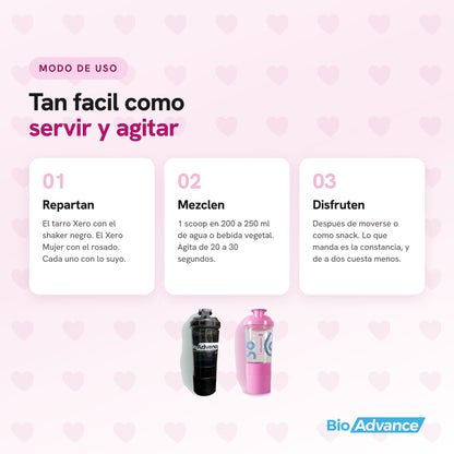 Modo de uso del Combo Amor y Amistad: cada uno con su tarro y su shaker, 1 scoop en 200 a 250 ml de agua o bebida vegetal, agitando de 20 a 30 segundos.