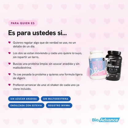 Para quien es el Combo Amor y Amistad: para regalar algo que se use a diario, para dos personas que se estan moviendo y buscan una proteina limpia sin azucar anadida ni maltodextrina.