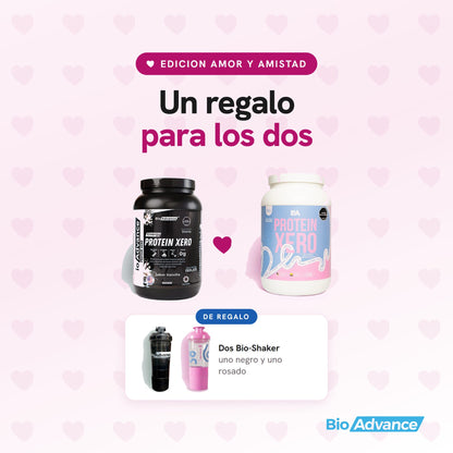 Combo Amor y Amistad de BioAdvance: Proteina Xero y Proteina Xero Mujer, con dos Bio-Shaker de regalo, uno negro y uno rosado.