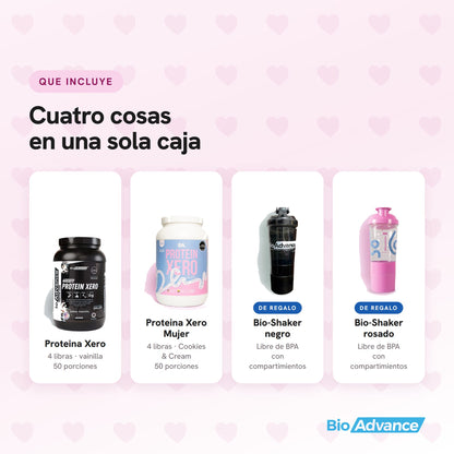 Que incluye el Combo Amor y Amistad: Proteina Xero 4 libras sabor vainilla y Proteina Xero Mujer 4 libras Cookies and Cream, de 50 porciones cada una, mas Bio-Shaker negro y rosado de regalo.