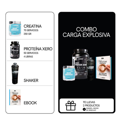 Qué contiene el Combo Carga Explosiva de BioAdvance: Proteína Xero de 4 libras y Creatina Monohidratada de 350 g, con Bio-Shaker y ebook de obsequio.