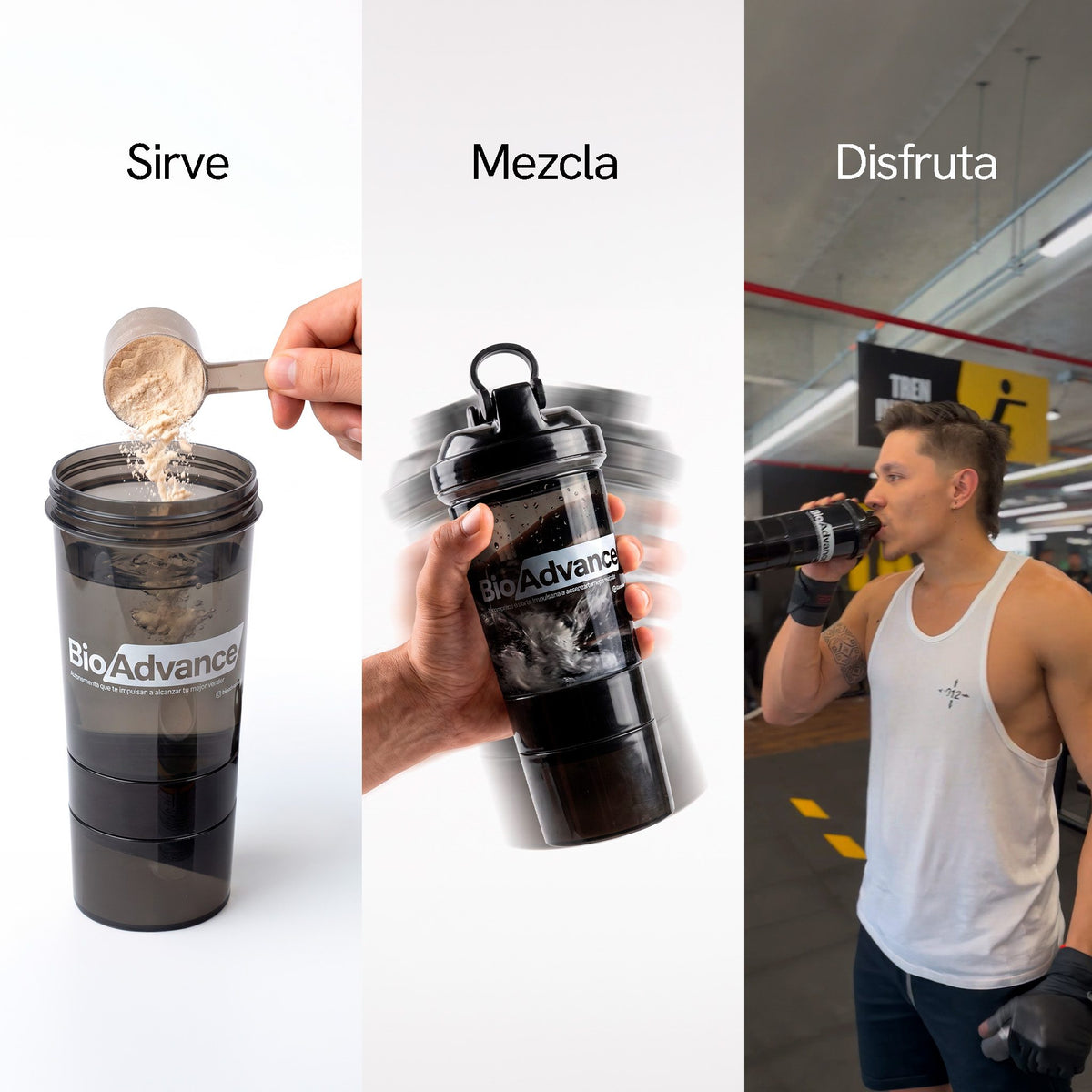 Modo de uso del Combo Carga Explosiva: prepara tu proteína después de entrenar y la creatina a cualquier hora.