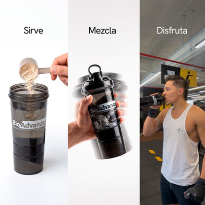 Modo de uso del Combo Carga Explosiva: prepara tu proteína después de entrenar y la creatina a cualquier hora.