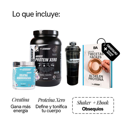 Qué incluye el Combo Carga Explosiva: Proteína Xero para definir y tonificar, y Creatina Monohidratada para ganar más energía.