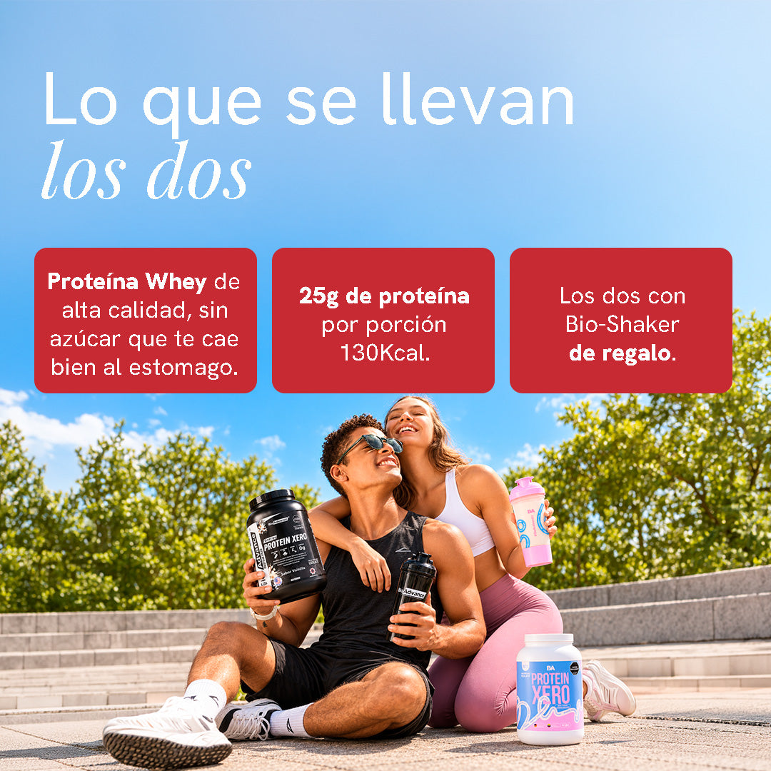 Beneficios del Combo Dúo: proteína whey de alta calidad sin azúcar añadida, 25 g de proteína y 130 calorías por porción, y un Bio-Shaker de regalo para cada uno.