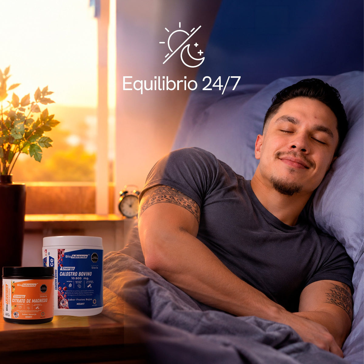 Hombre descansando al amanecer con el Combo Energía y Relajación de BioAdvance; equilibrio 24/7, de día y de noche.