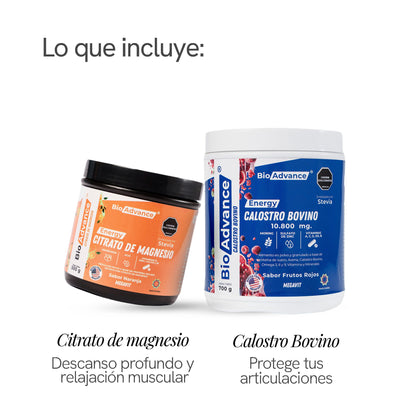 Qué incluye el Combo Energía y Relajación: Citrato de Magnesio para el descanso profundo y la relajación muscular, y Calostro Bovino para tus articulaciones.