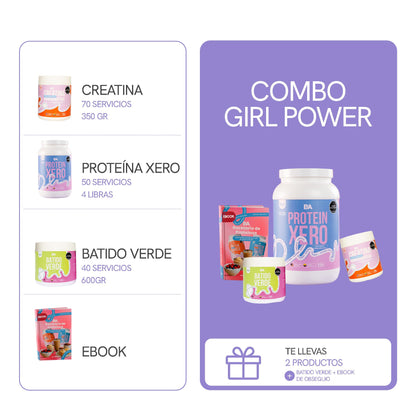 Qué contiene el Combo Girl Power con Batido Verde de BioAdvance: Creatina de 70 servicios y 350 g, Proteína Xero de 50 servicios y 4 libras, y Batido Verde de 600 g, con ebook de obsequio.