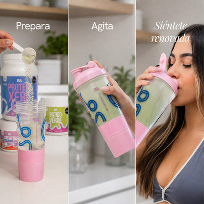 Modo de uso del Combo Girl Power con Batido Verde: prepara, agita y siéntete renovada con tu Bio-Shaker.
