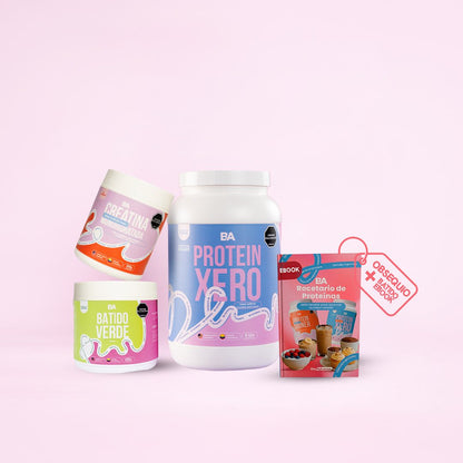 Combo Girl Power con Batido Verde de BioAdvance sobre fondo rosa: Proteína Xero, Creatina Monohidratada, Batido Verde y ebook de recetas.