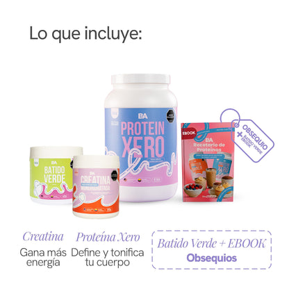 Qué incluye el Combo Girl Power con Batido Verde: Creatina Monohidratada para ganar más energía y Proteína Xero para definir y tonificar, con Batido Verde y ebook de obsequio.