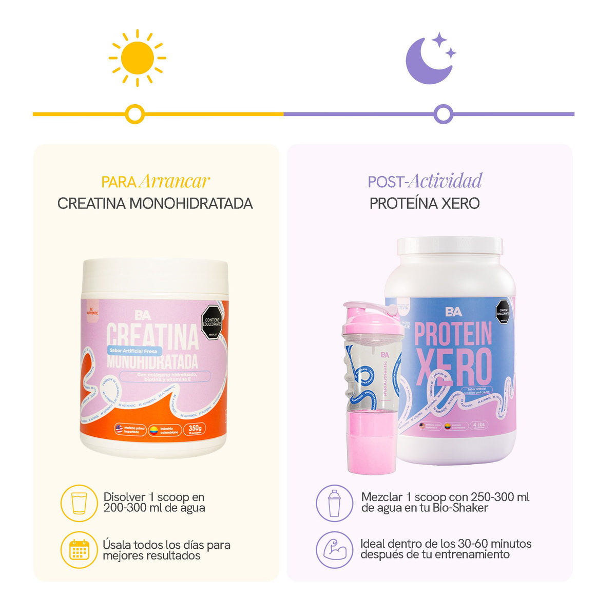 Modo de uso del Combo Girl Power: sirve, mezcla y disfruta tu Proteína Xero y tu Creatina en el Bio-Shaker.