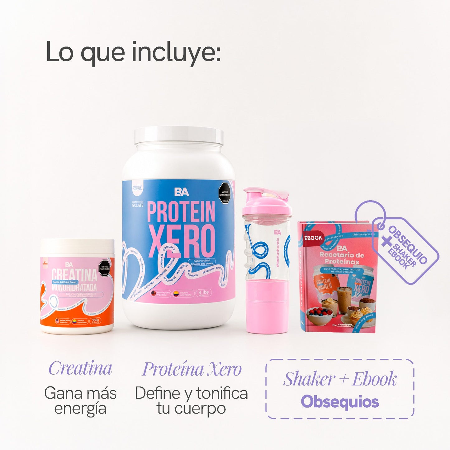 Qué incluye el Combo Girl Power: Creatina Monohidratada para ganar más energía y Proteína Xero para definir y tonificar tu cuerpo, con Bio-Shaker y ebook de obsequio.