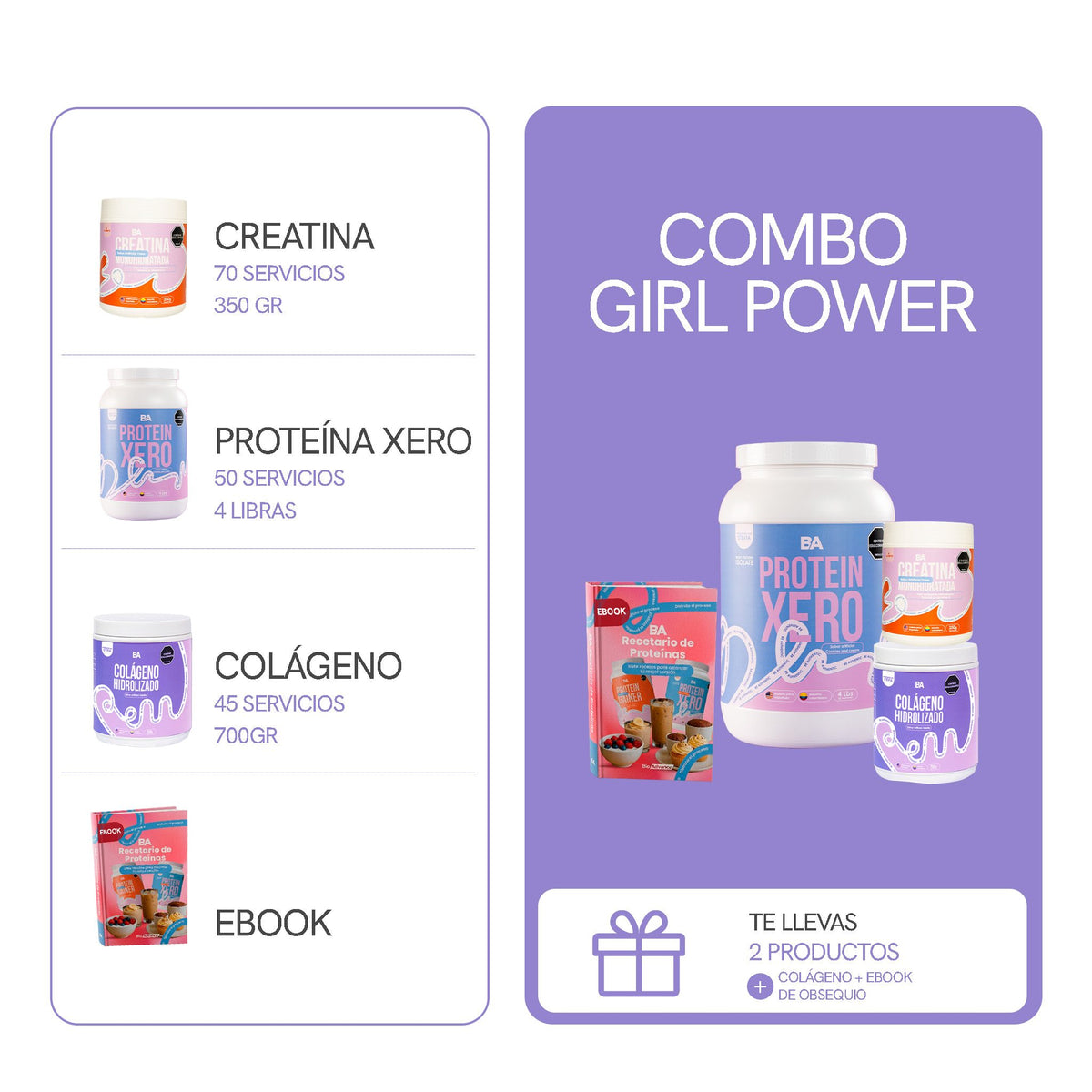 Qué contiene el Combo Girl Power con Colágeno de BioAdvance: Creatina de 70 servicios y 350 g, Proteína Xero de 50 servicios y 4 libras, y Colágeno de 700 g, con ebook de obsequio.