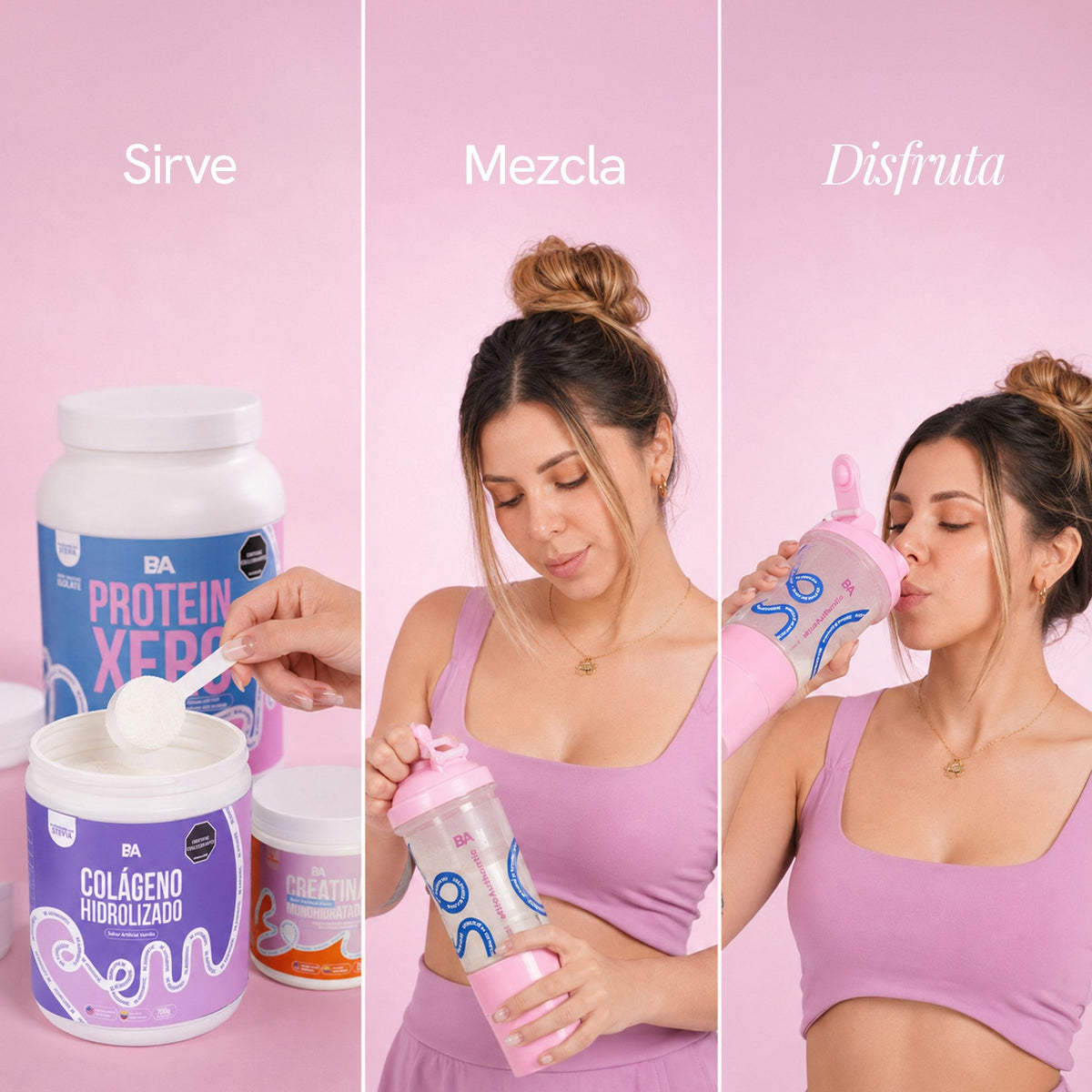 Modo de uso del Combo Girl Power con Colágeno: sirve, mezcla y disfruta tu Colágeno Hidrolizado en el Bio-Shaker.