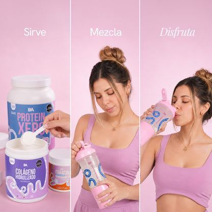 Modo de uso del Combo Girl Power con Colágeno: sirve, mezcla y disfruta tu Colágeno Hidrolizado en el Bio-Shaker.