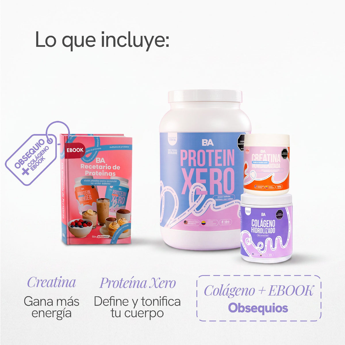 Qué incluye el Combo Girl Power con Colágeno: Creatina Monohidratada para ganar más energía y Proteína Xero para definir y tonificar, con Colágeno y ebook de obsequio.