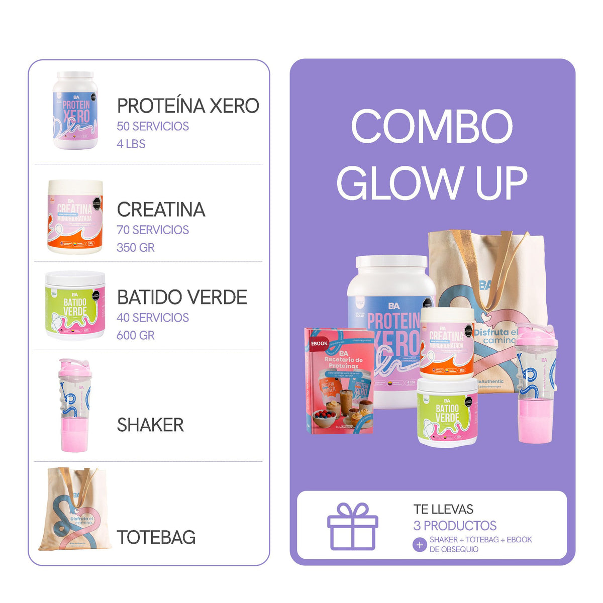 Qué contiene el Combo Glow Up de BioAdvance: Proteína Xero de 50 servicios y 4 libras, Creatina de 70 servicios y 350 g, y Batido Verde de 40 servicios y 600 g, con Bio-Shaker, tote bag y ebook de obsequio.