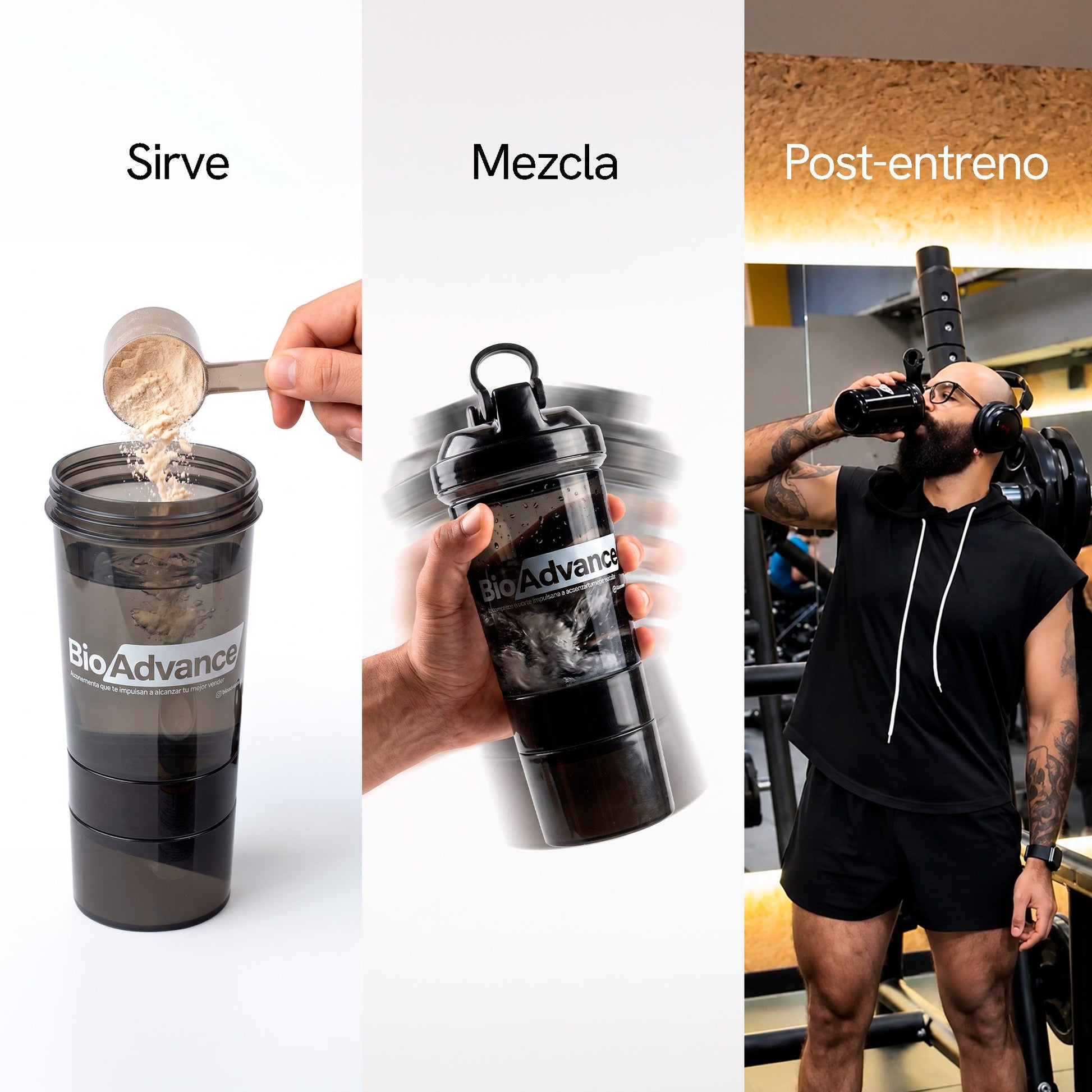 Modo de uso del Combo Impulso y Resistencia: sirve tu medida, mezcla en el Bio-Shaker y tómalo post-entreno.