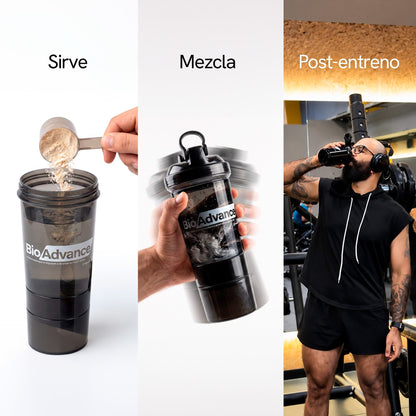 Modo de uso del Combo Impulso y Resistencia: sirve tu medida, mezcla en el Bio-Shaker y tómalo post-entreno.