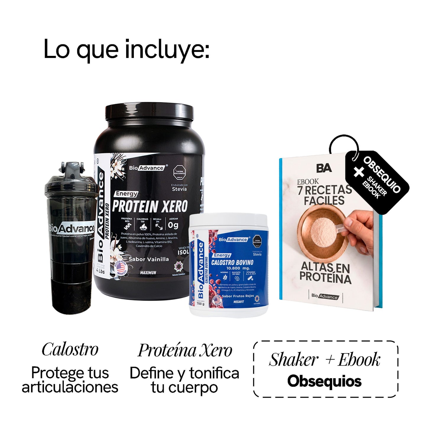 Qué incluye el Combo Impulso y Resistencia: Calostro Bovino para proteger tus articulaciones y Proteína Xero para definir y tonificar tu cuerpo, con Bio-Shaker y ebook de obsequio.