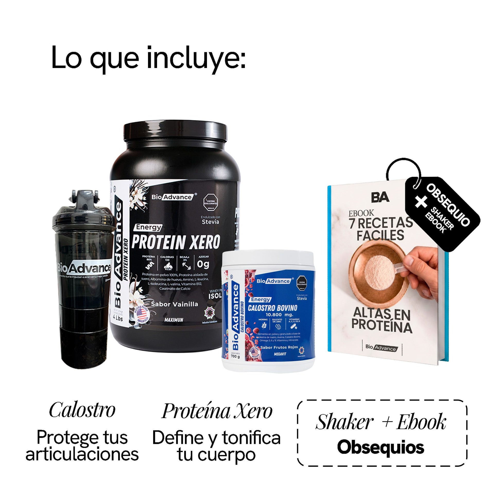 Qué incluye el Combo Impulso y Resistencia: Calostro Bovino para proteger tus articulaciones y Proteína Xero para definir y tonificar tu cuerpo, con Bio-Shaker y ebook de obsequio.