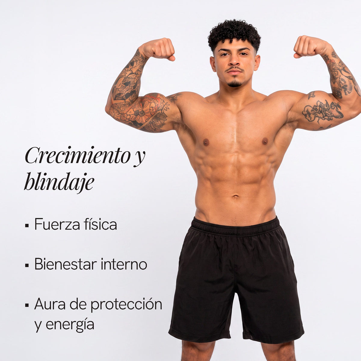 Hombre mostrando su desarrollo muscular con el Combo Máximo Rendimiento de BioAdvance: crecimiento y blindaje, fuerza física, bienestar interno y energía.