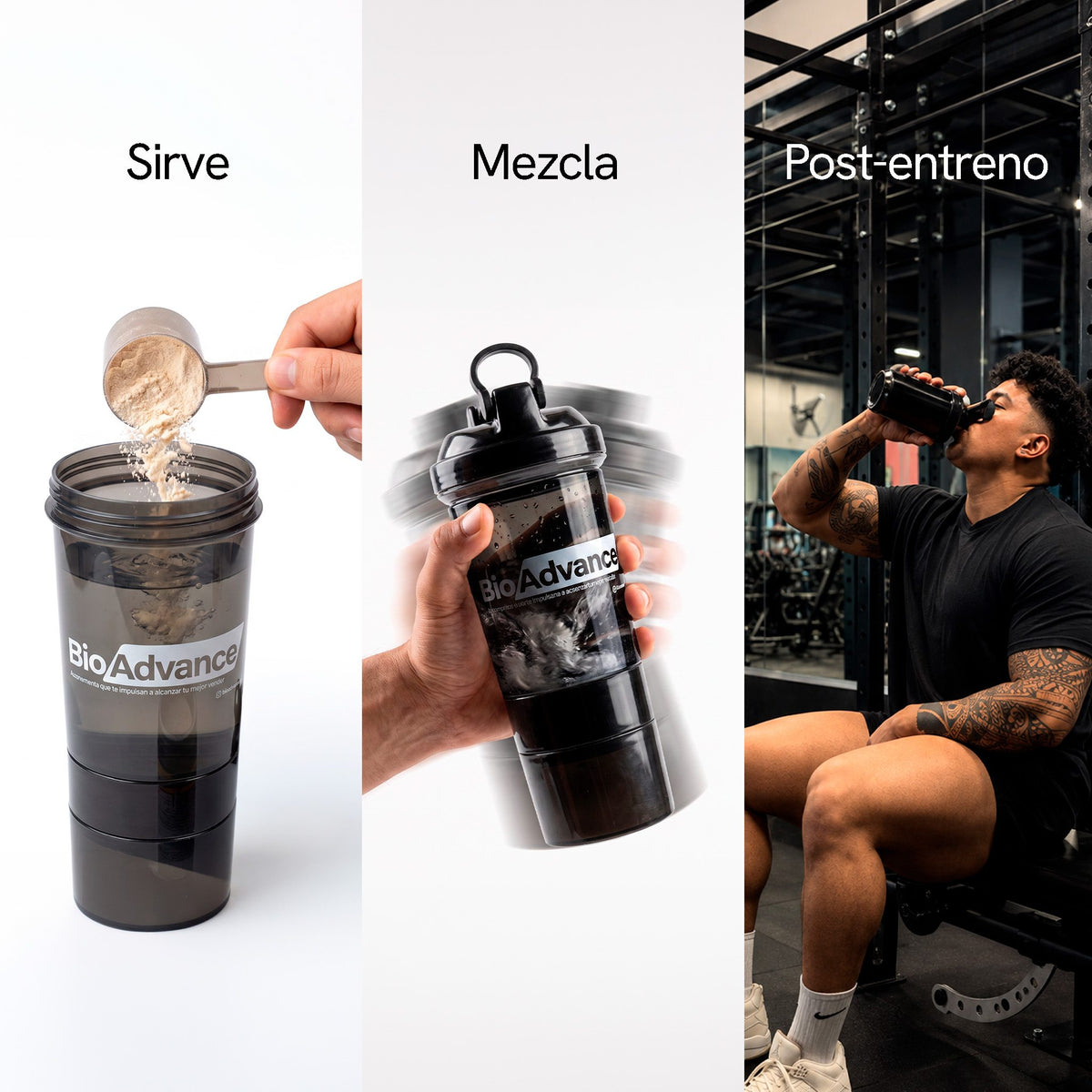 Modo de uso del Combo Máximo Rendimiento: sirve tu medida, mezcla en el Bio-Shaker y tómalo post-entreno.