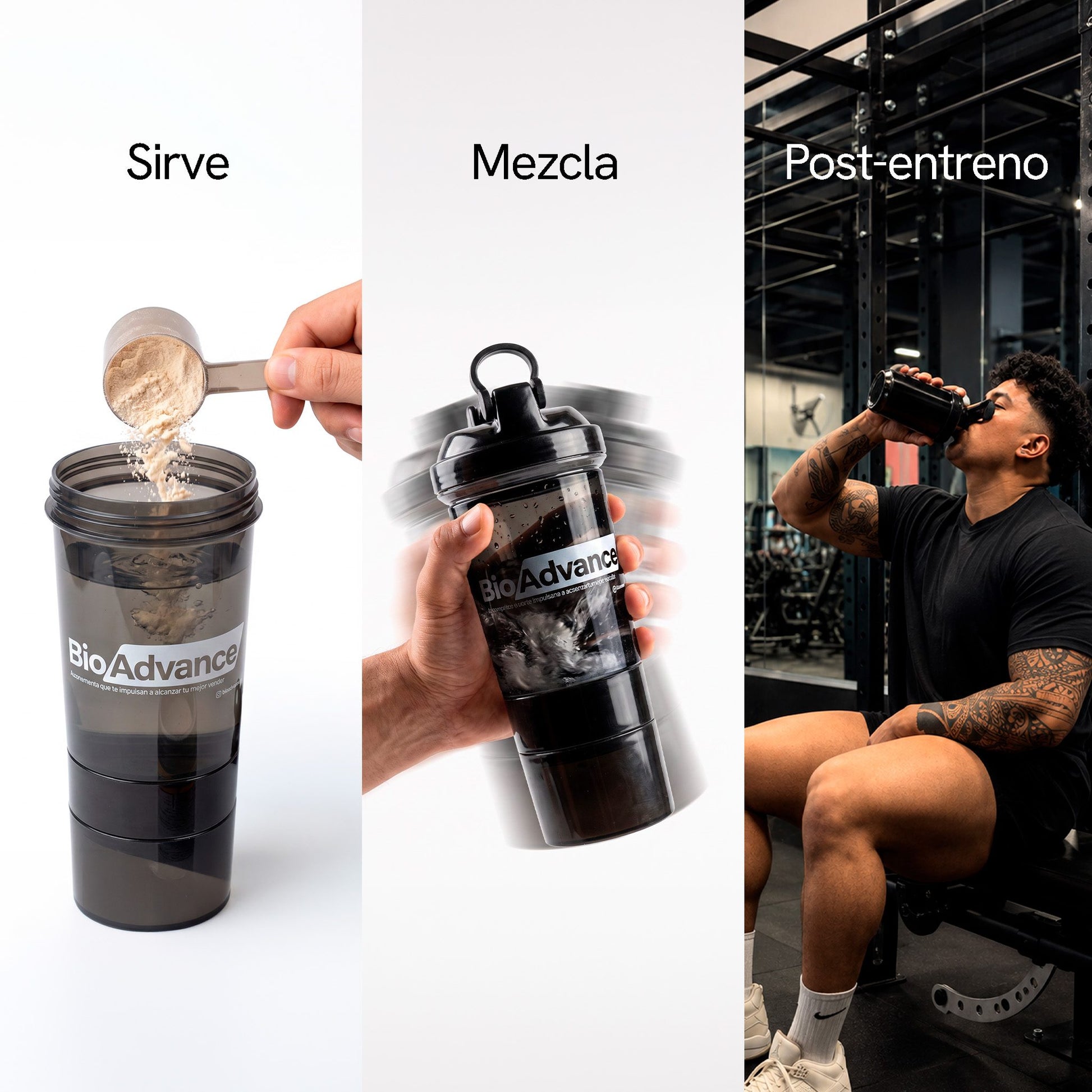 Modo de uso del Combo Máximo Rendimiento: sirve tu medida, mezcla en el Bio-Shaker y tómalo post-entreno.