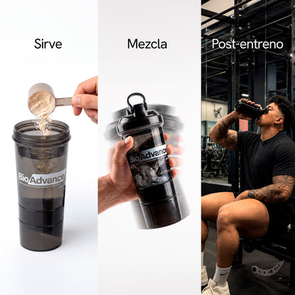 Modo de uso del Combo Máximo Rendimiento: sirve tu medida, mezcla en el Bio-Shaker y tómalo post-entreno.