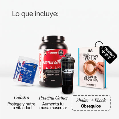 Qué incluye el Combo Máximo Rendimiento: Calostro Bovino para proteger y nutrir tu vitalidad y Proteína Gainer para aumentar tu masa muscular, con Bio-Shaker y ebook de obsequio.
