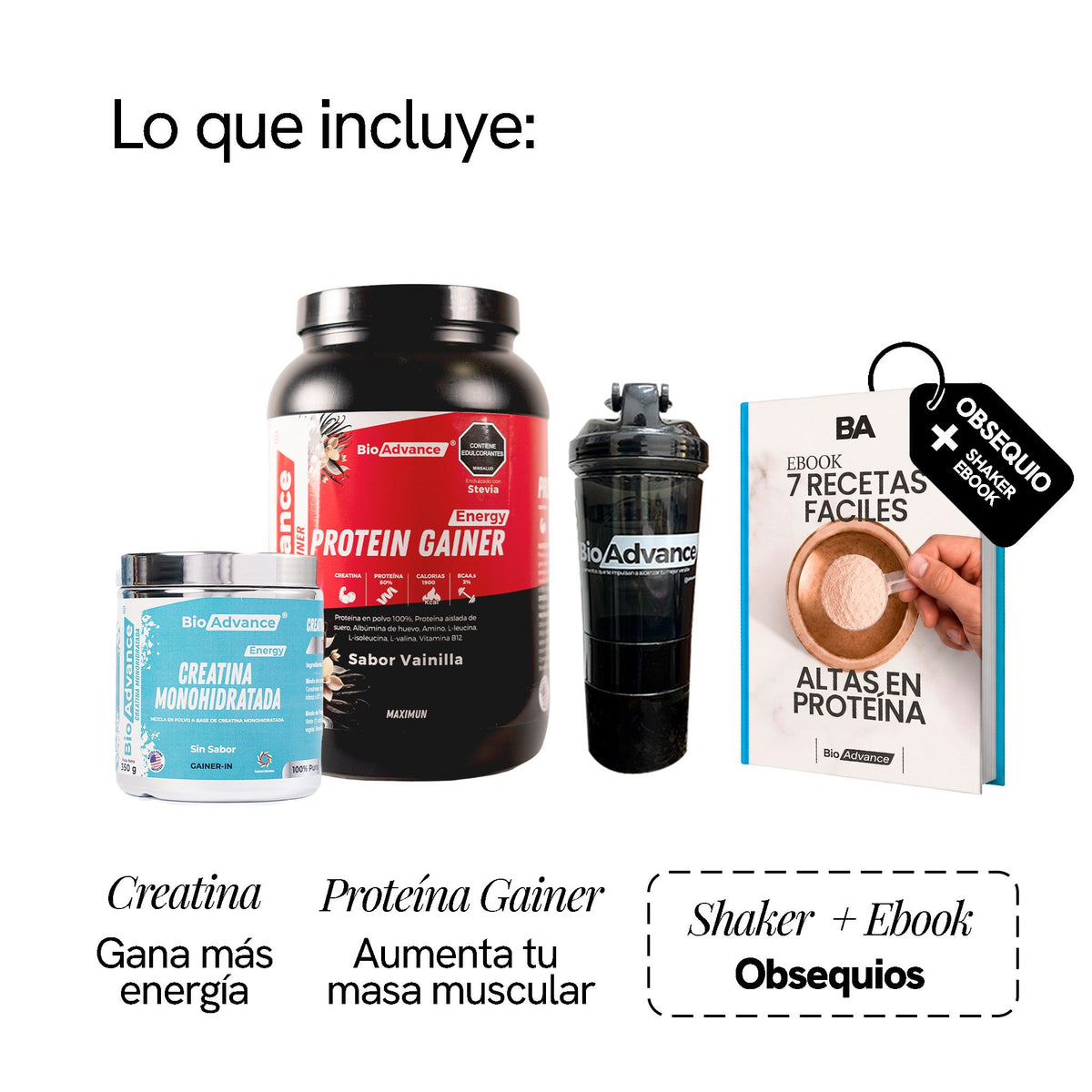 Qué incluye el Combo Potencia Total: Creatina Monohidratada para ganar más energía y Proteína Gainer para aumentar tu masa muscular, con Bio-Shaker y ebook de obsequio.