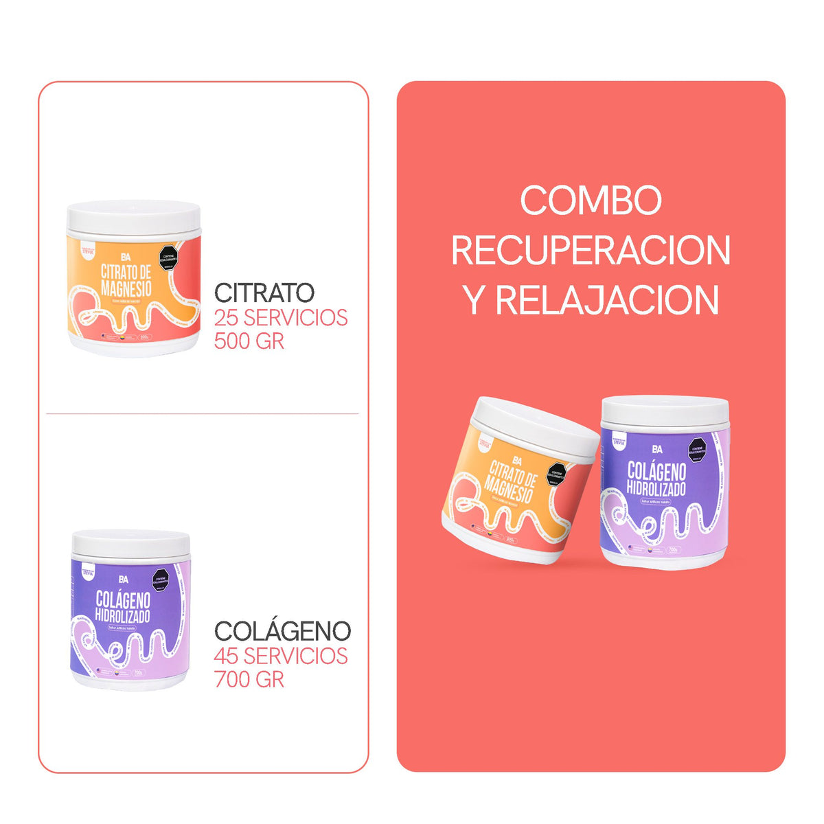 Qué contiene el Combo Recuperación y Relajación de BioAdvance: Citrato de Magnesio de 25 servicios y 500 g, y Colágeno Hidrolizado de 45 servicios y 700 g.
